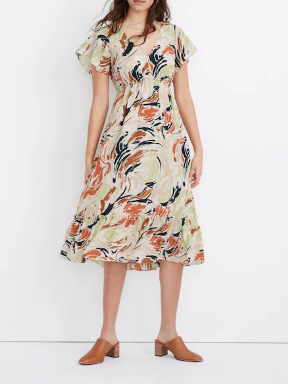 Madewell Flutter Sleeve Ruffle Waist Midi Dress in Brushing Up Print Size 6 - Picture 16 of 16